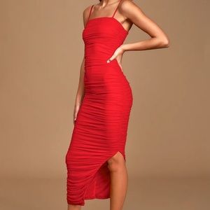 NWT Lulus Amazed By You Red Ruched Sleeveless Bodycon Midi Dress